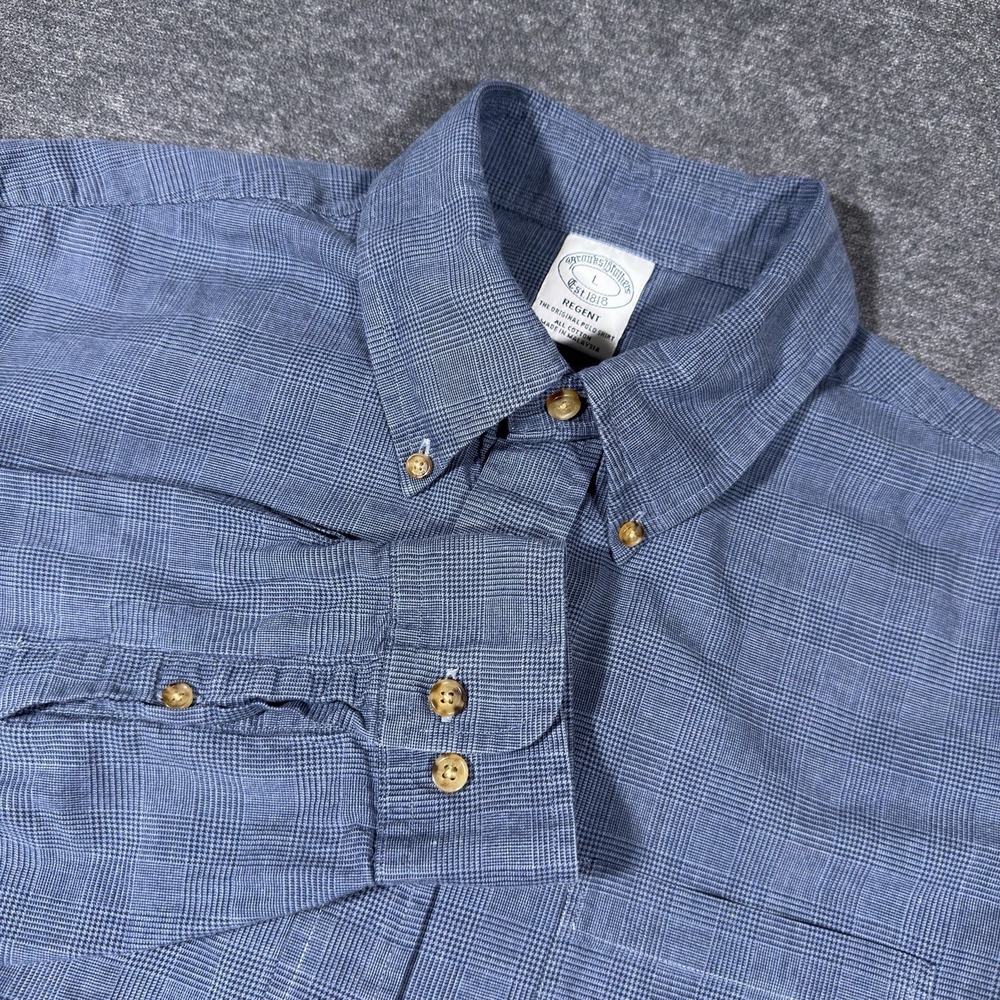 Brooks Brothers Button Down Shirt Men Large Blue Glen Plaid Regent Long Sleeve